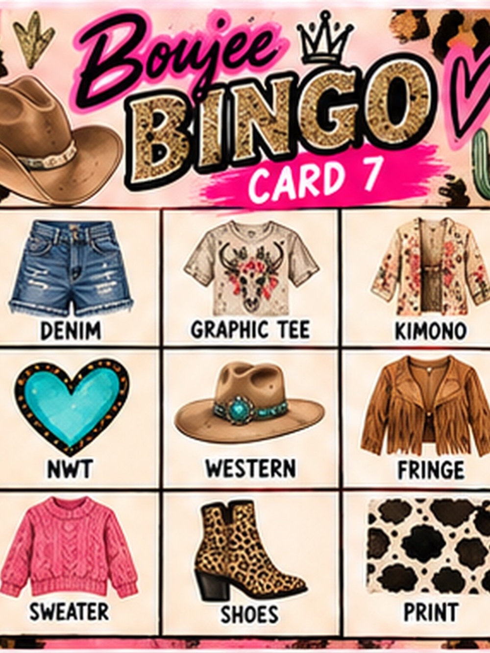 Kids Accessories Card — Pink Graphic Bingo Card